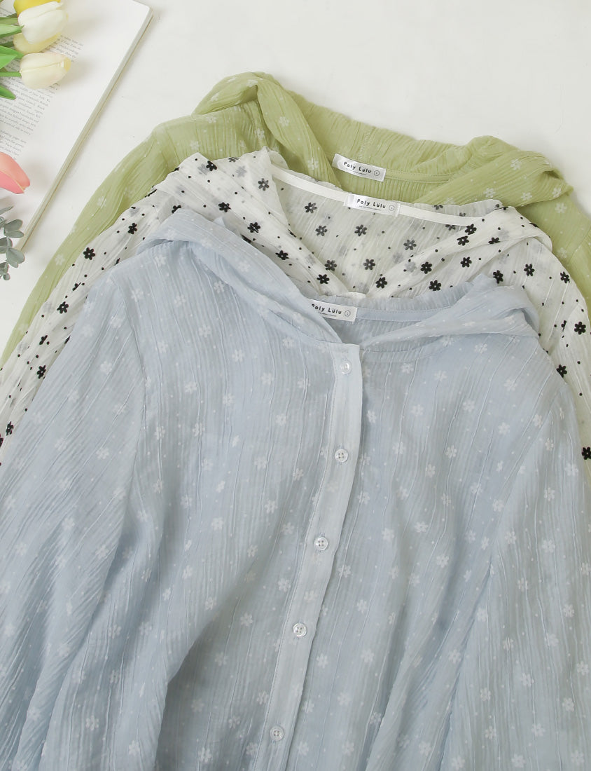 Cute Crinkled Floral Button Plus Size Hooded Jacket