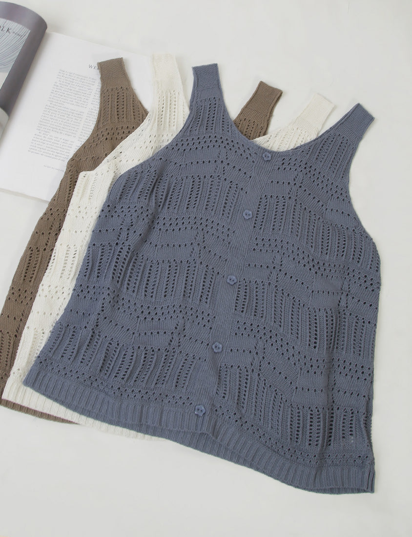 Floral Mock Button Hollow Plus Size Knit Vest