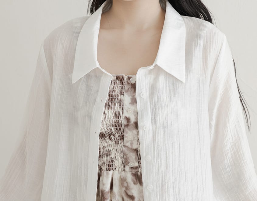 Crinkled Texture Sheer Tie-Back Plus Size Long Sleeve Shirt