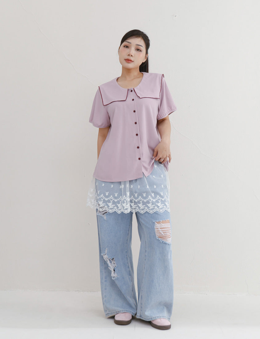 Sweet Contrast Lapel Collar Plus Size Shirt