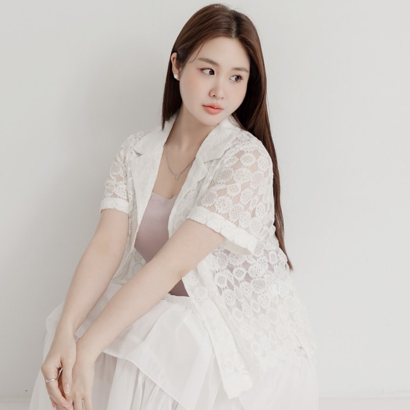 MISS. Cuban Collar Lace Eyelet Plus Size Shirt