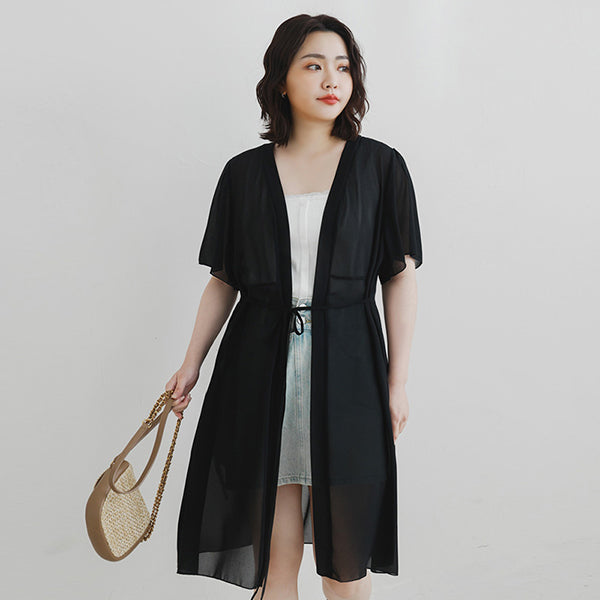 Sheer Vacation-Style Plus Size Long Cover-Ups (with Waist Tie)