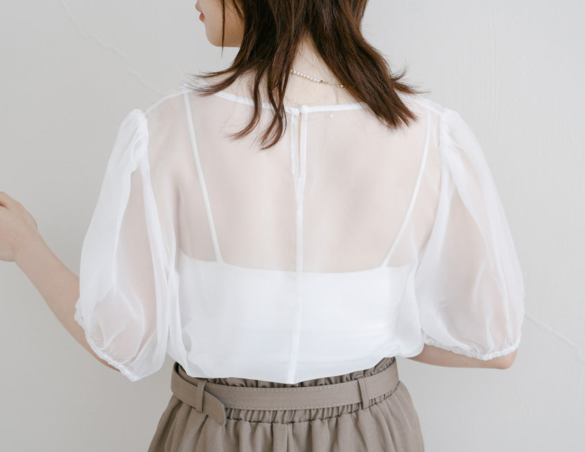 MISS. Sheer Textured Round Neck Puff-Sleeve Plus Size Blouse