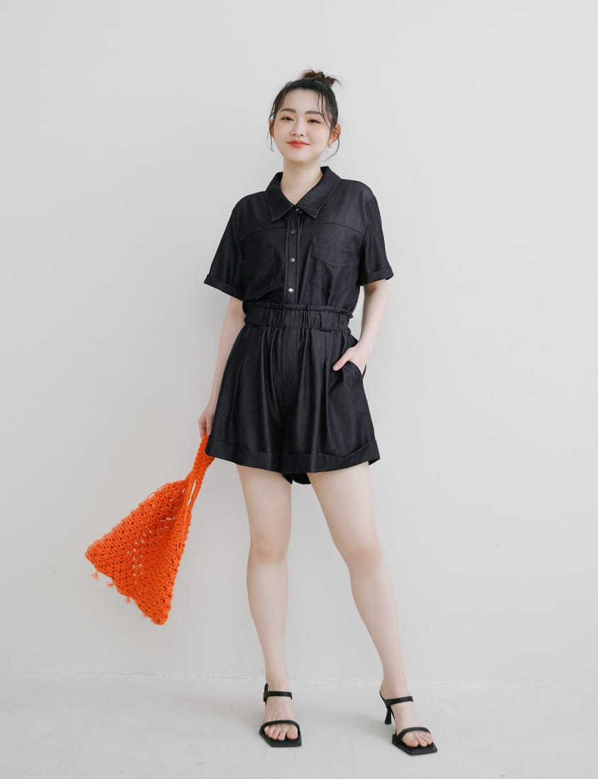 Korean-Style Faux Denim Cuffed Plus Size Short Sleeve Shirt