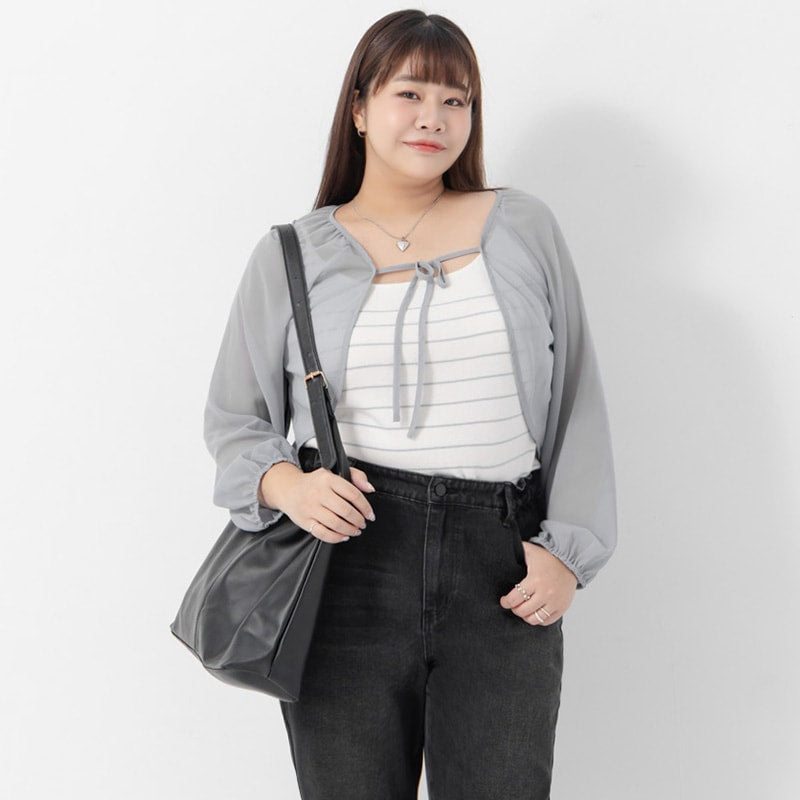 Japanese Style Puff Sleeve Tie Sheer Cropped Plus Size Cover-Up