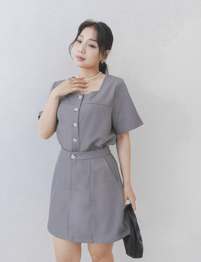 MISS. Korean Style Square Neck Twill Faux Button Top