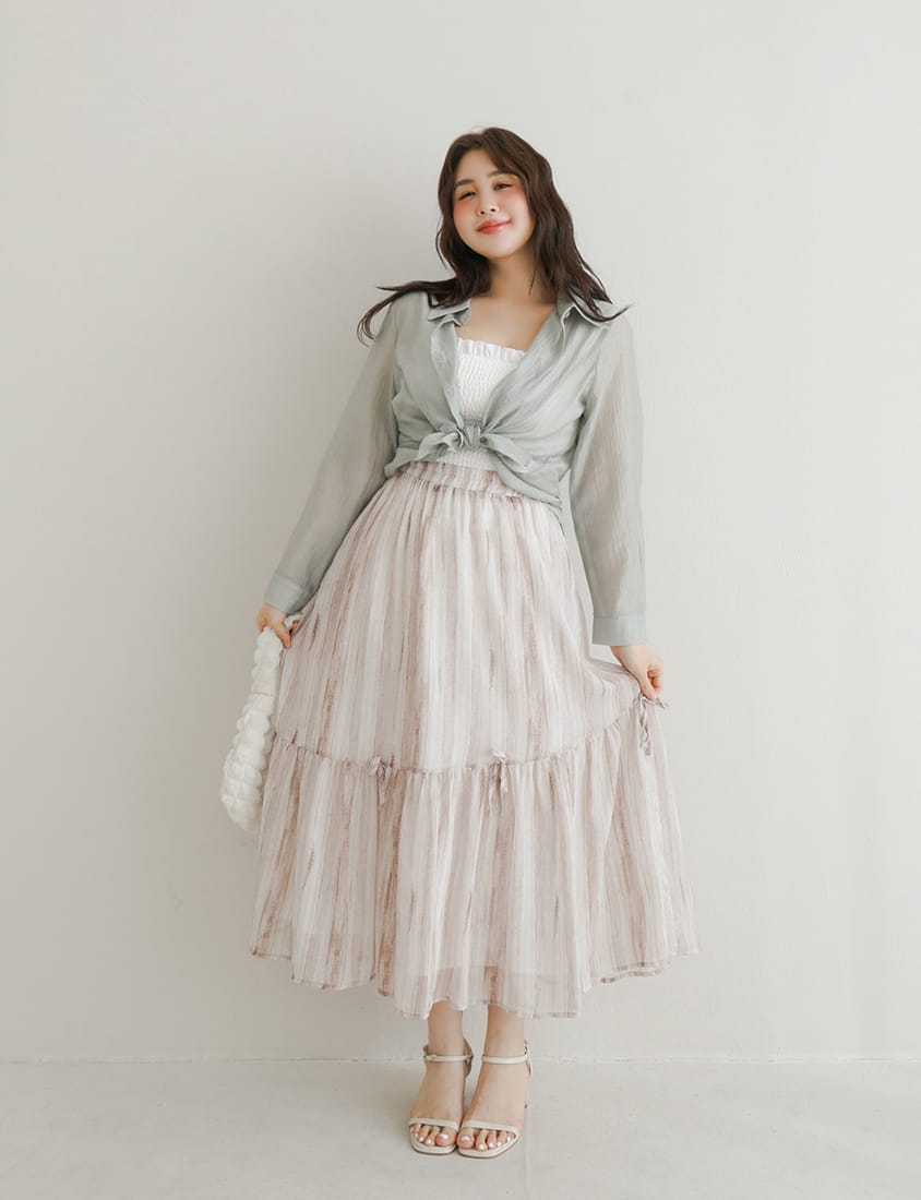 Crinkled Texture Sheer Tie-Back Plus Size Long Sleeve Shirt