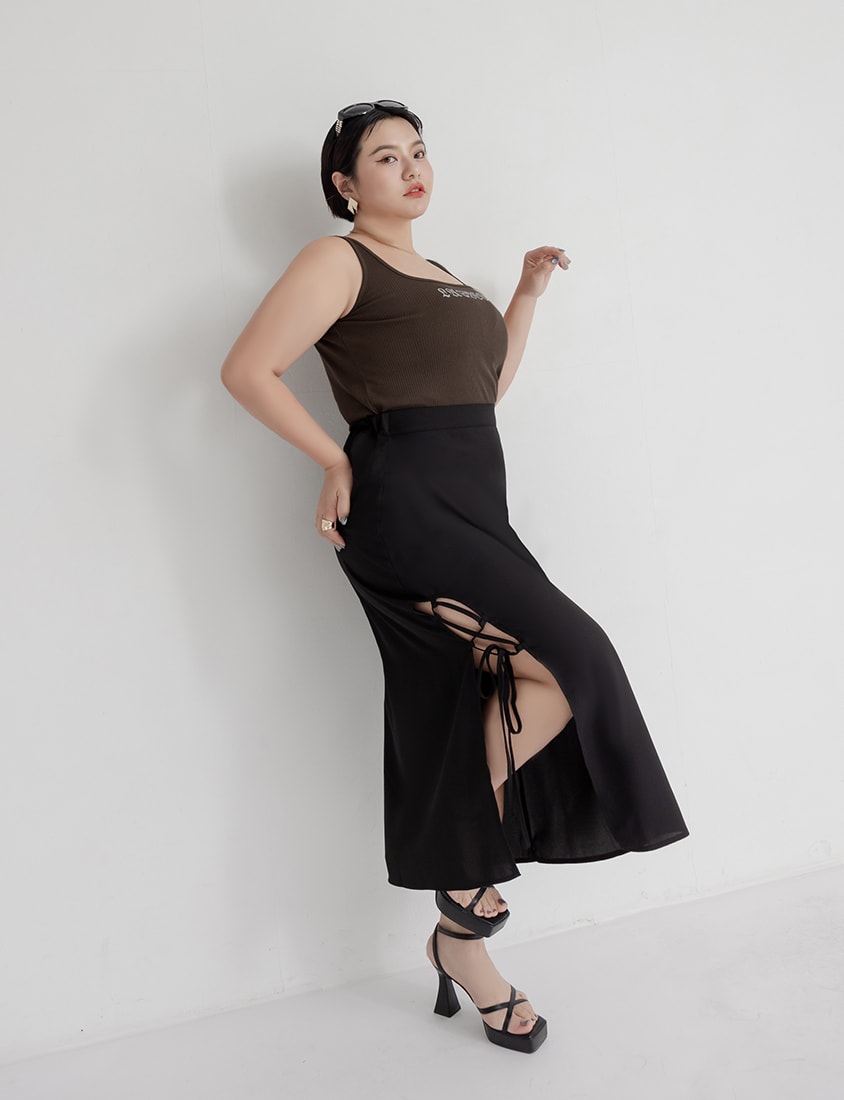 MUA! Hot Side Tie Elastic Back Waist Plus Size Maxi Skirt (with Belt)