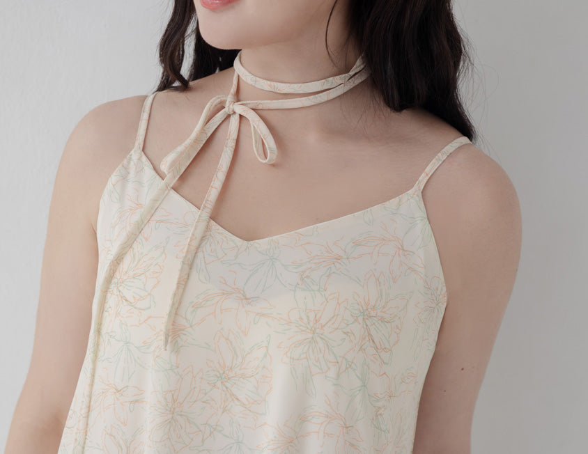 Adjustable Hand-Painted Floral Cami Dress (with Waist Tie)