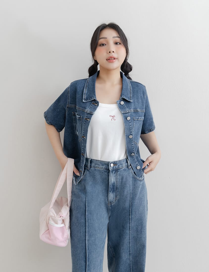 Versatile Pocket Distressed Plus Size Denim Jacket