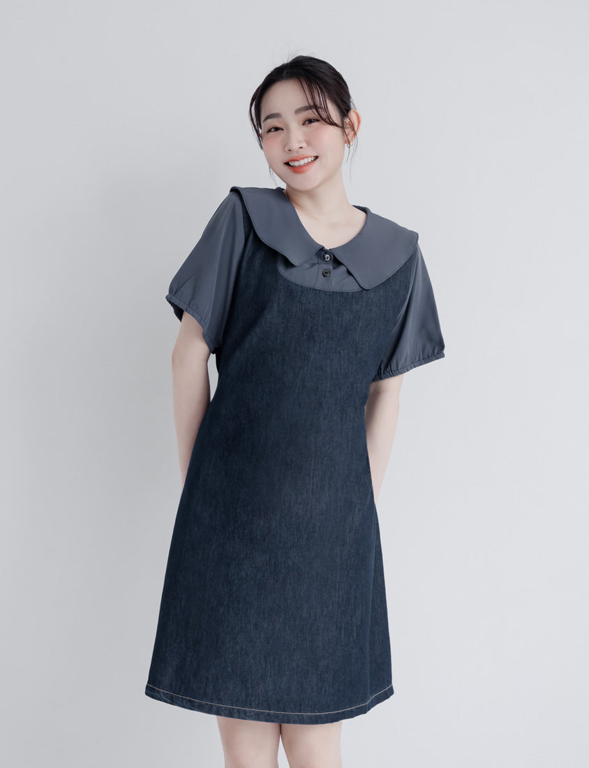 Faux Two-Piece Denim Collar Waist-Tie Plus Size Dress