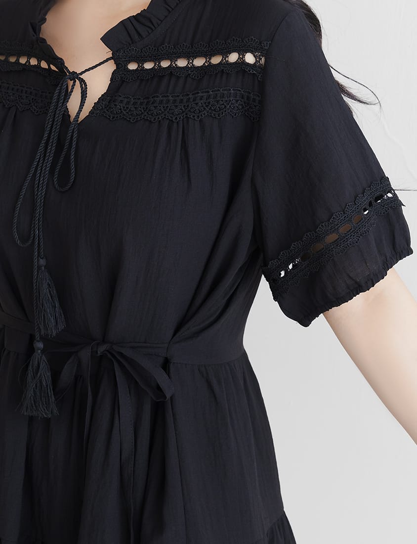 Intricate Lace Tie-Waist Flare Plus Size Mini Dress