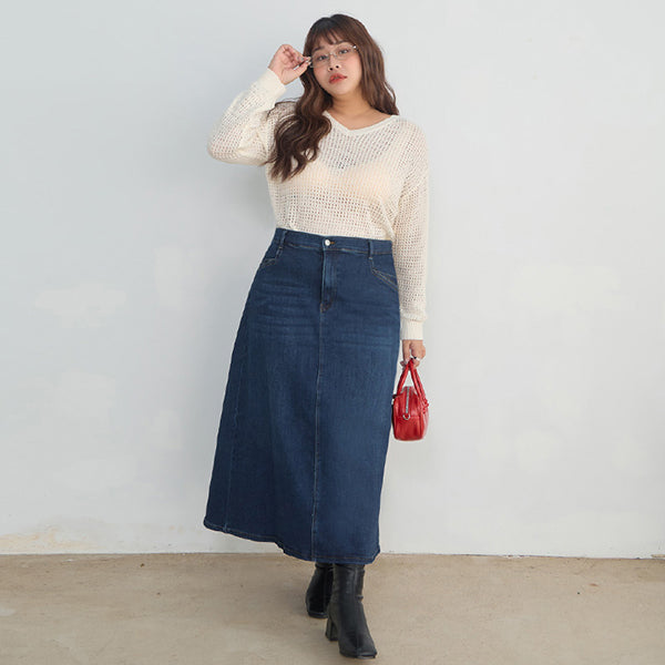 Apple-Shaped Friendly! Perfect Fit Back Slit Plus Size Denim Maxi Skirt