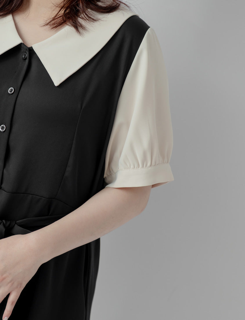 Layered-Look Contrast Collar Plus Size Mini Dress (with Belt)