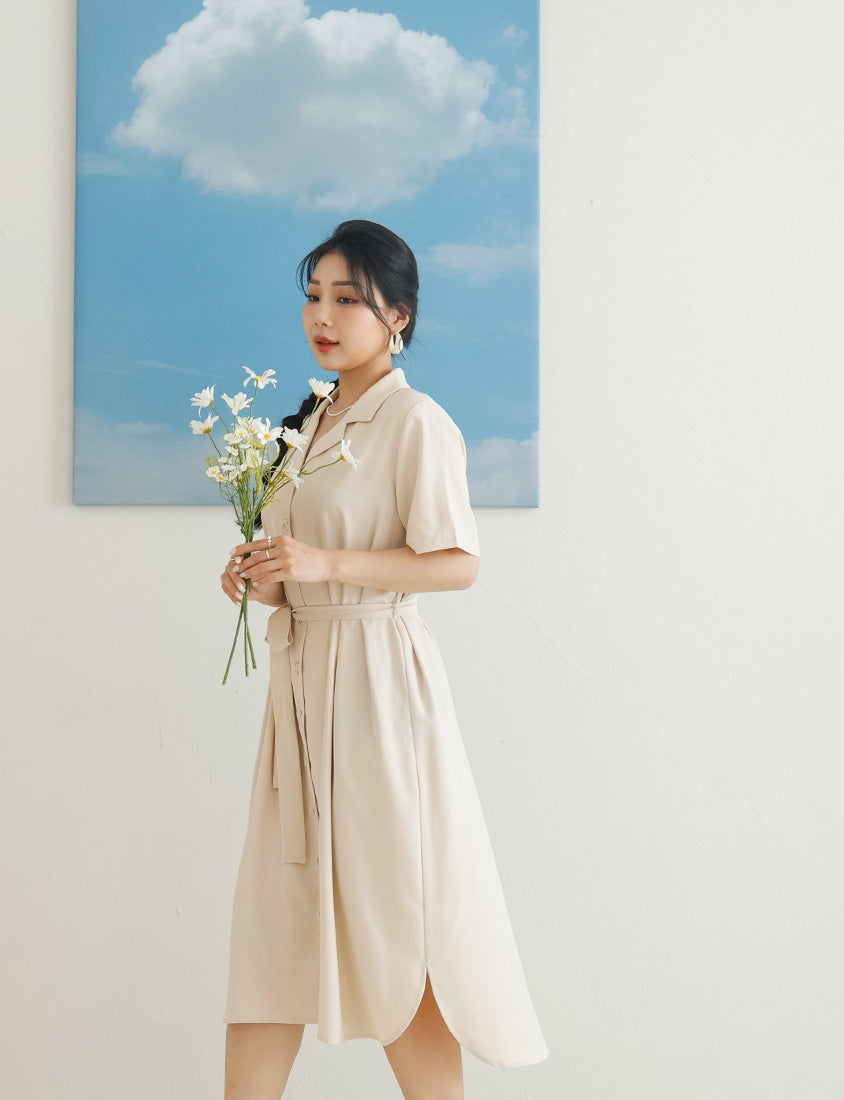 MISS. Cuban Collar Chiffon Button Short Sleeve Dress (with Waist-Tie )