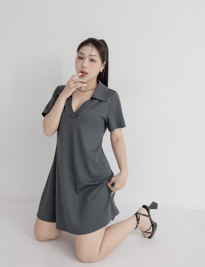 MUA! Chic Notched Collar Twill Plus Size Short Sleeve Dress