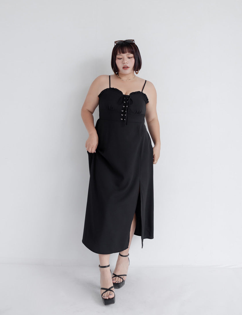 MUA! Ruffle Corset Front Slit Plus Size Maxi Dress
