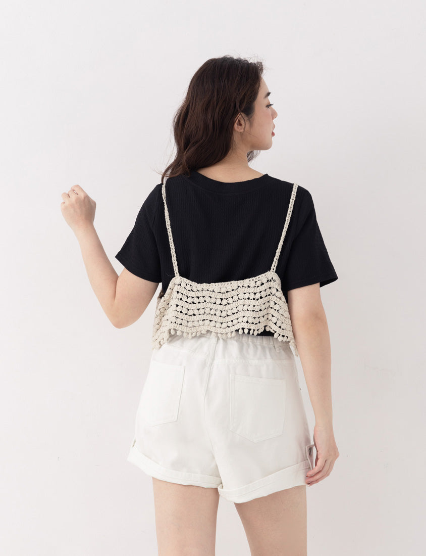 Crinkled Textured Two-Piece Hollow Plus Size Cami Top (with Inner Tank)