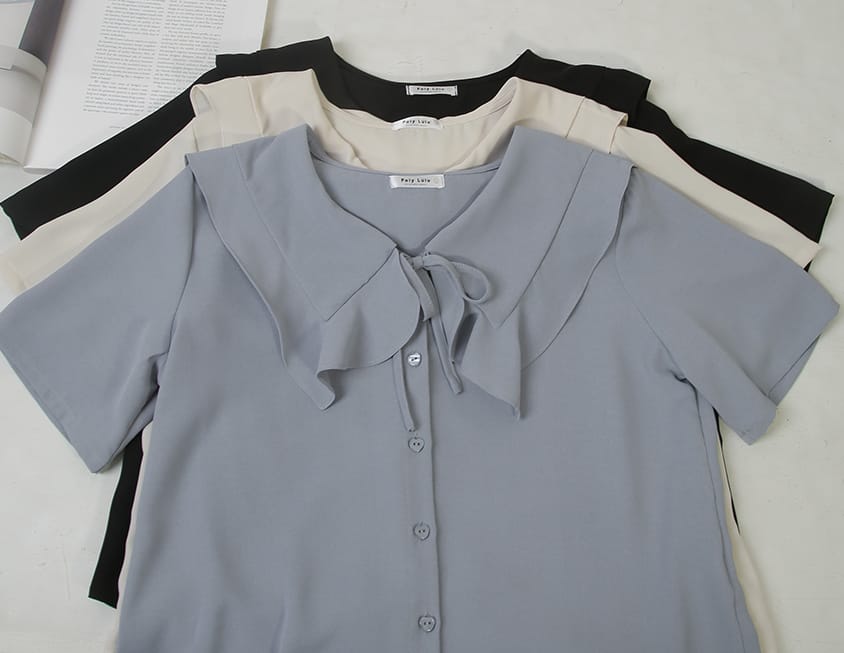 MISS. Heart Buttons Front Tie Ruffle Collar Plus Size Blouse