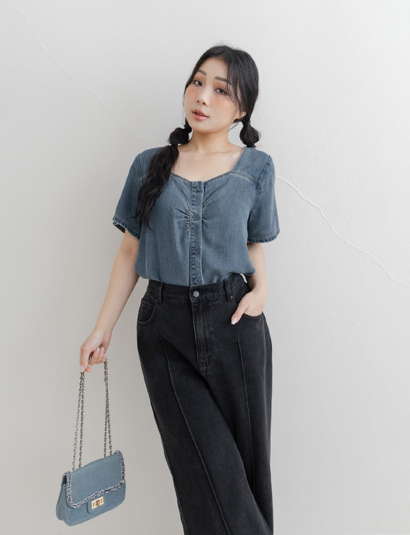Front Ruched Button-Up Plus Size Denim Top