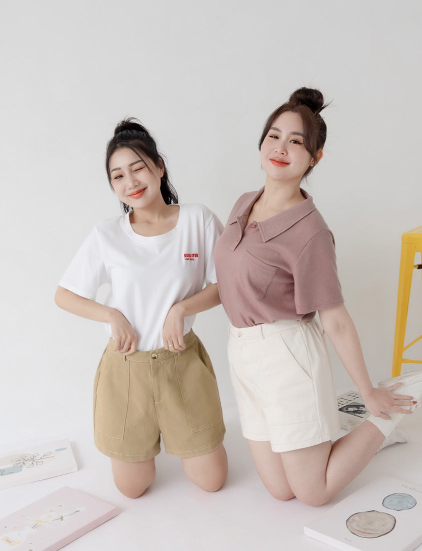 Twill Contrast Stitch High Waist Plus Size Shorts