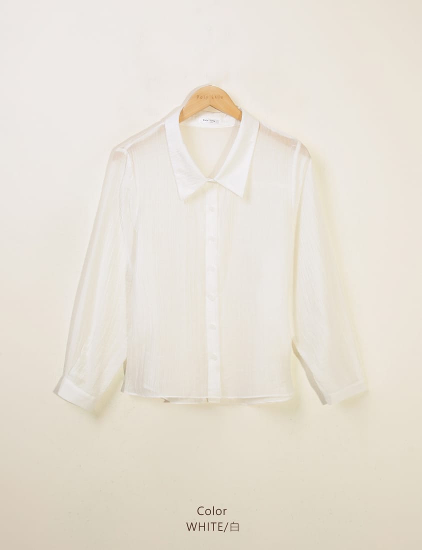 Crinkled Texture Sheer Tie-Back Plus Size Long Sleeve Shirt