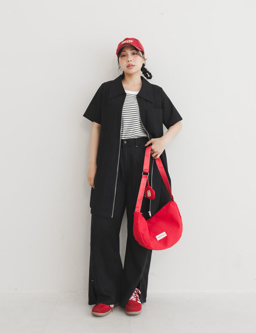 Lyocell Cooling Contrast Stitch Slit Plus Size Wide-Leg Pants