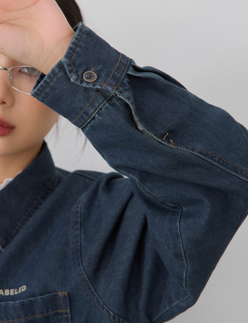 Washed Graphic Oversized Denim Plus Size Long Sleeve Shirt (Unisex)