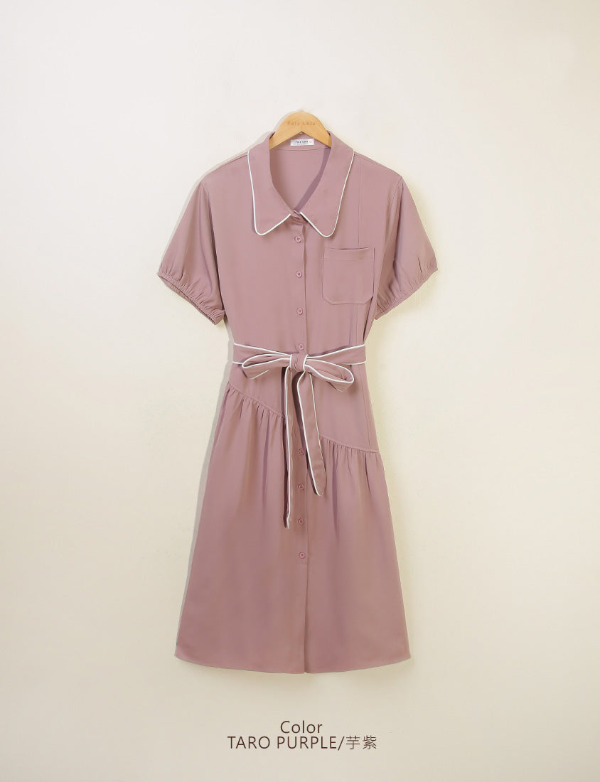 Color-Trimmed Plus Size Puff Sleeve Maxi Dress (With Waist Tie)