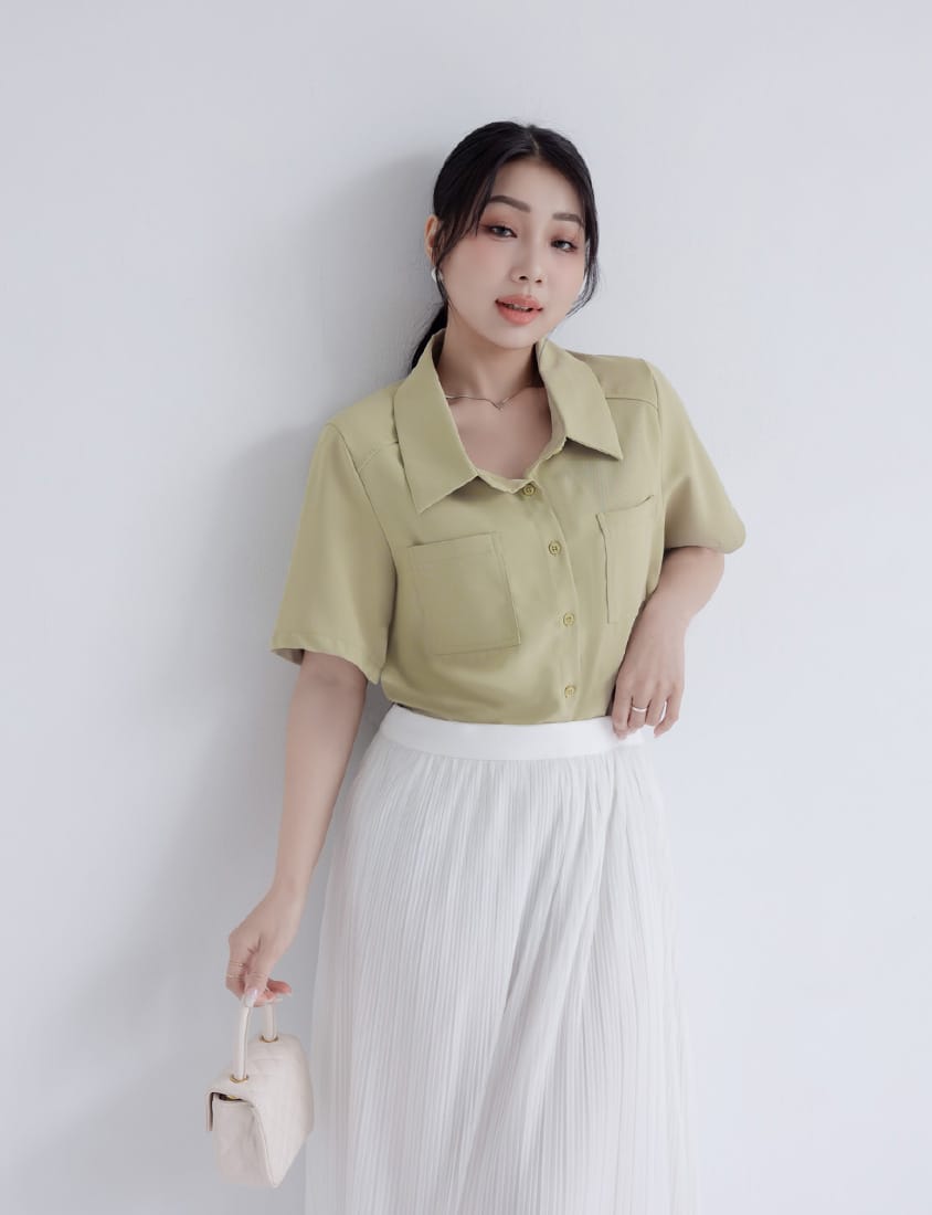 MISS. Drop Shoulder Stitching Double Pocket Plus Size Short Sleeve Shirt