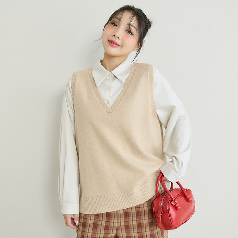 Versatile Multicolor V-Neck Mid-Length Plus Size Knit Vest