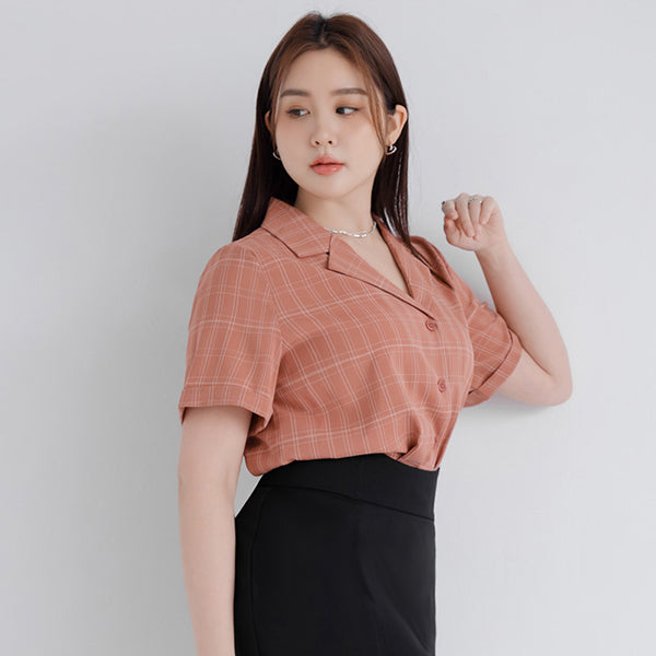 MISS. Cuban Collar Plaid Cuffed Plus Size Short Sleeve Shirt