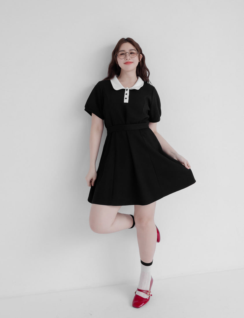 Color-Block Polo Collar Plus Size Mini Dress (With Belt)