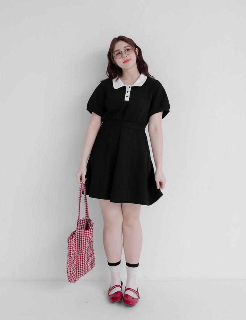 Color-Block Polo Collar Plus Size Mini Dress (With Belt)