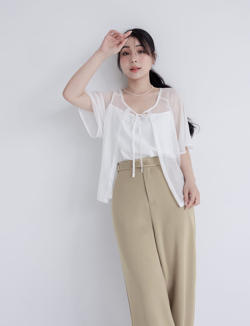 MISS. Faux Two-Piece Sheer Front-Tie Plus Size Top