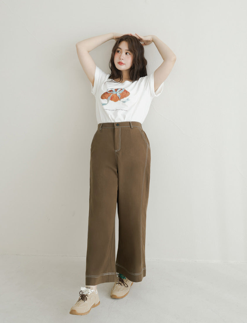 Color-Block Stitched Twill Cotton Straight-Leg Plus Size Pants