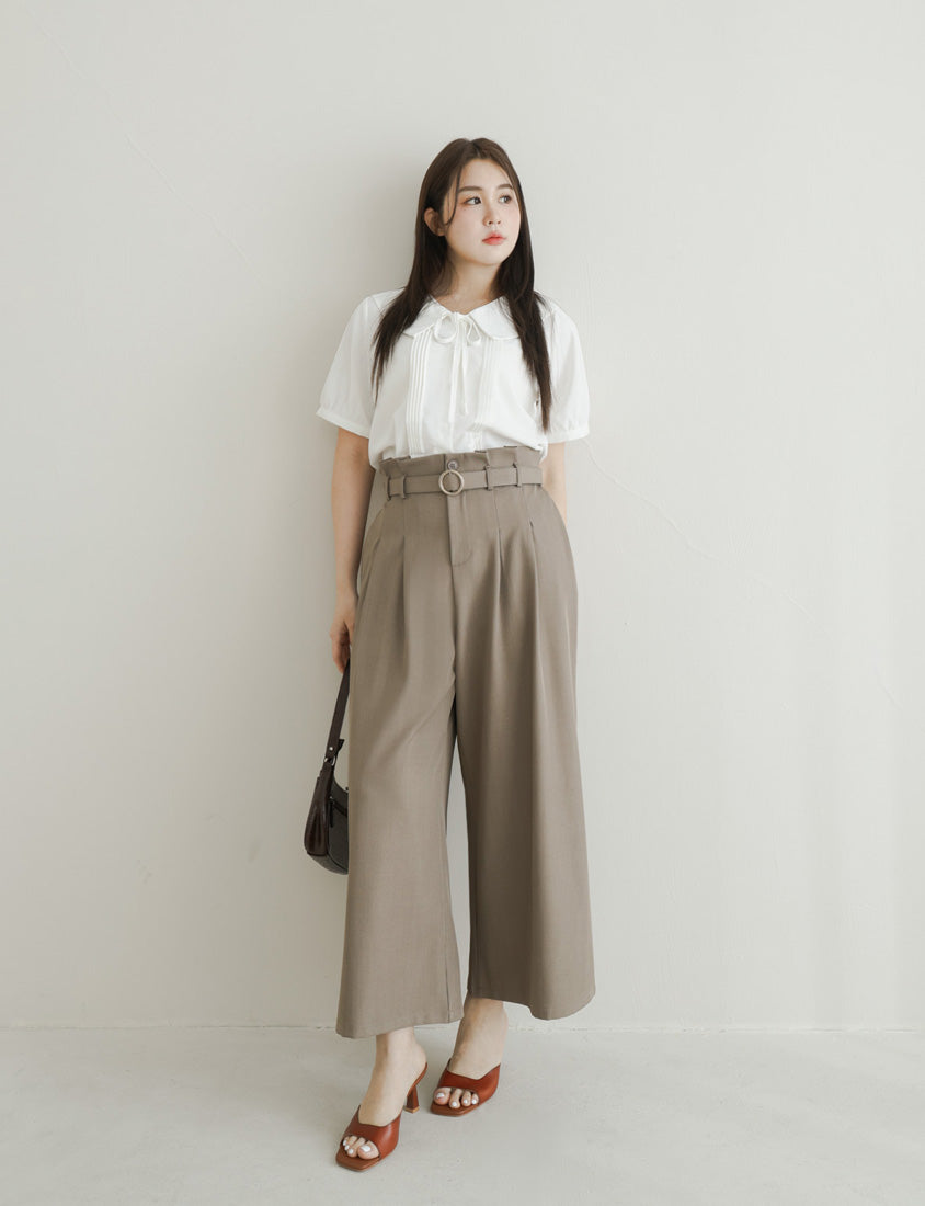 MISS. Sweet Pleated Lapel Collar Plus Size Puff Sleeve Blouse