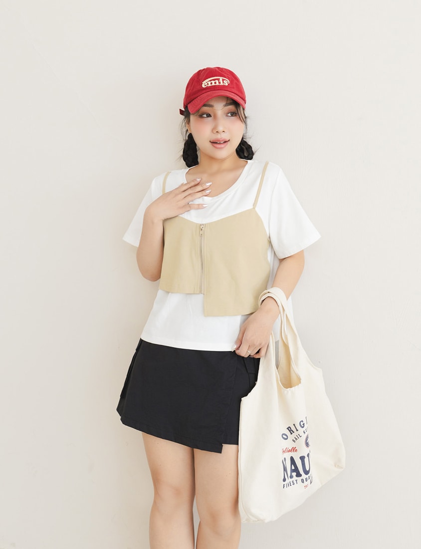 Asymmetric Front Zip Plus Size Layered Tee