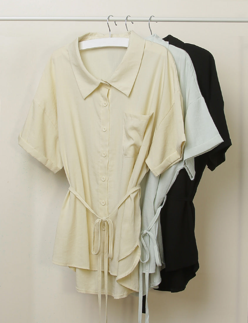 Airy Silky Linen Short Sleeve Plus Size Shirt (With Tie Belt)