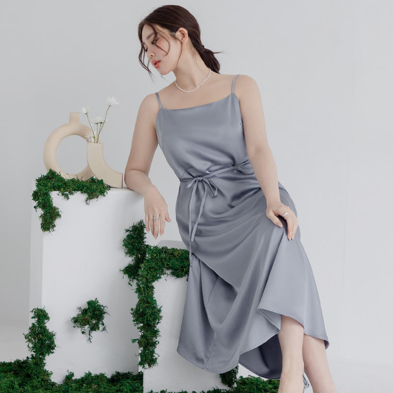 MISS. Satin A-Line Adjustable Strap Plus Size Cami Dress (with Waist Tie)