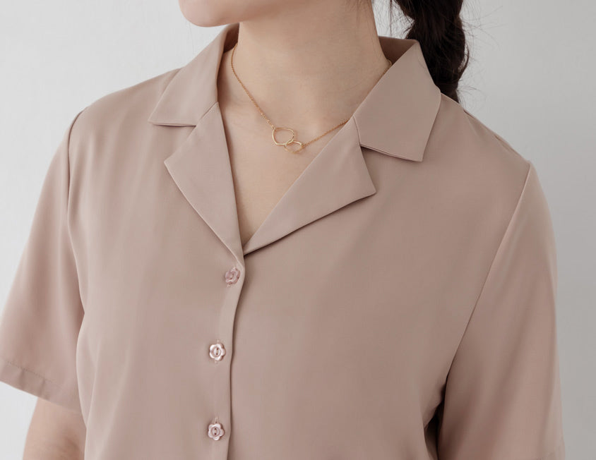 MISS. Glossy Satin Cuban Collar Plus Size Shirt With Floral Buttons