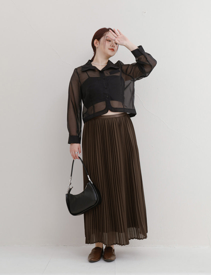 MISS. Elegant Fine-Pleated Double Layer Sheer Plus Size Maxi Skirt