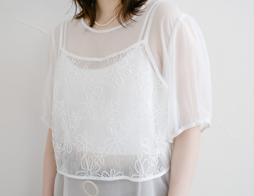 MISS. Sheer Textured Round Neck Puff-Sleeve Plus Size Blouse