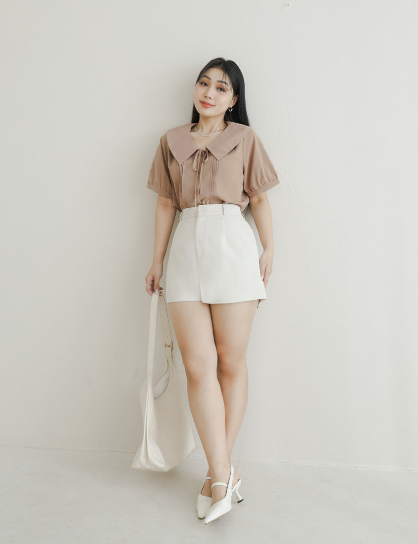 MISS. Sweet Pleated Lapel Collar Plus Size Puff Sleeve Blouse