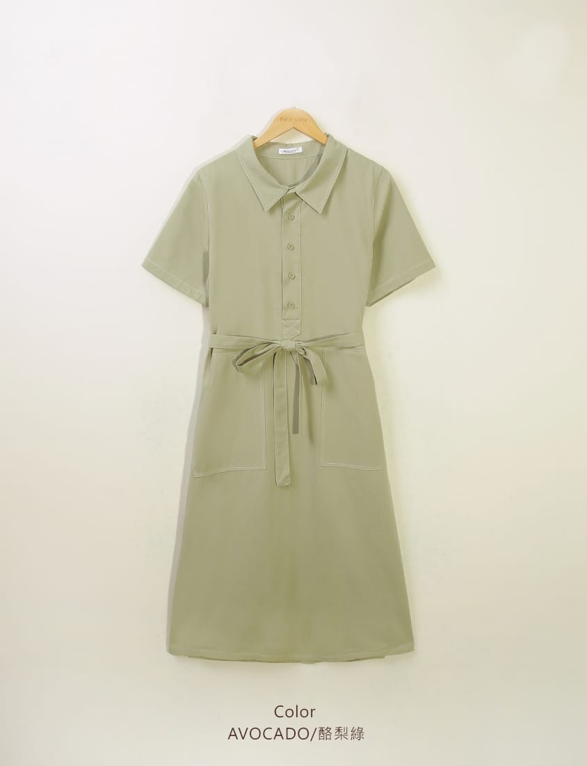 Color-Block Stitching Collar Twill Plus Size Maxi Dress (with Waist Tie)