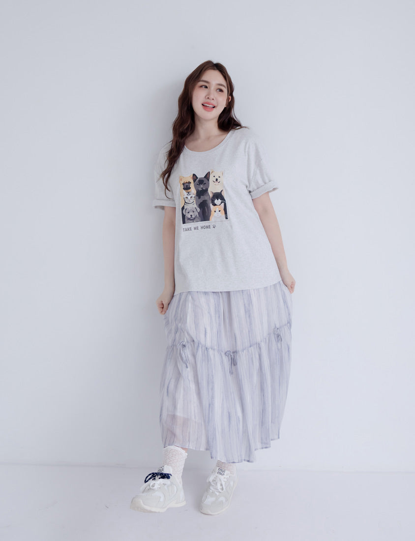 Kitty and Puppy Print Crew Neck Short Sleeve T-shirt