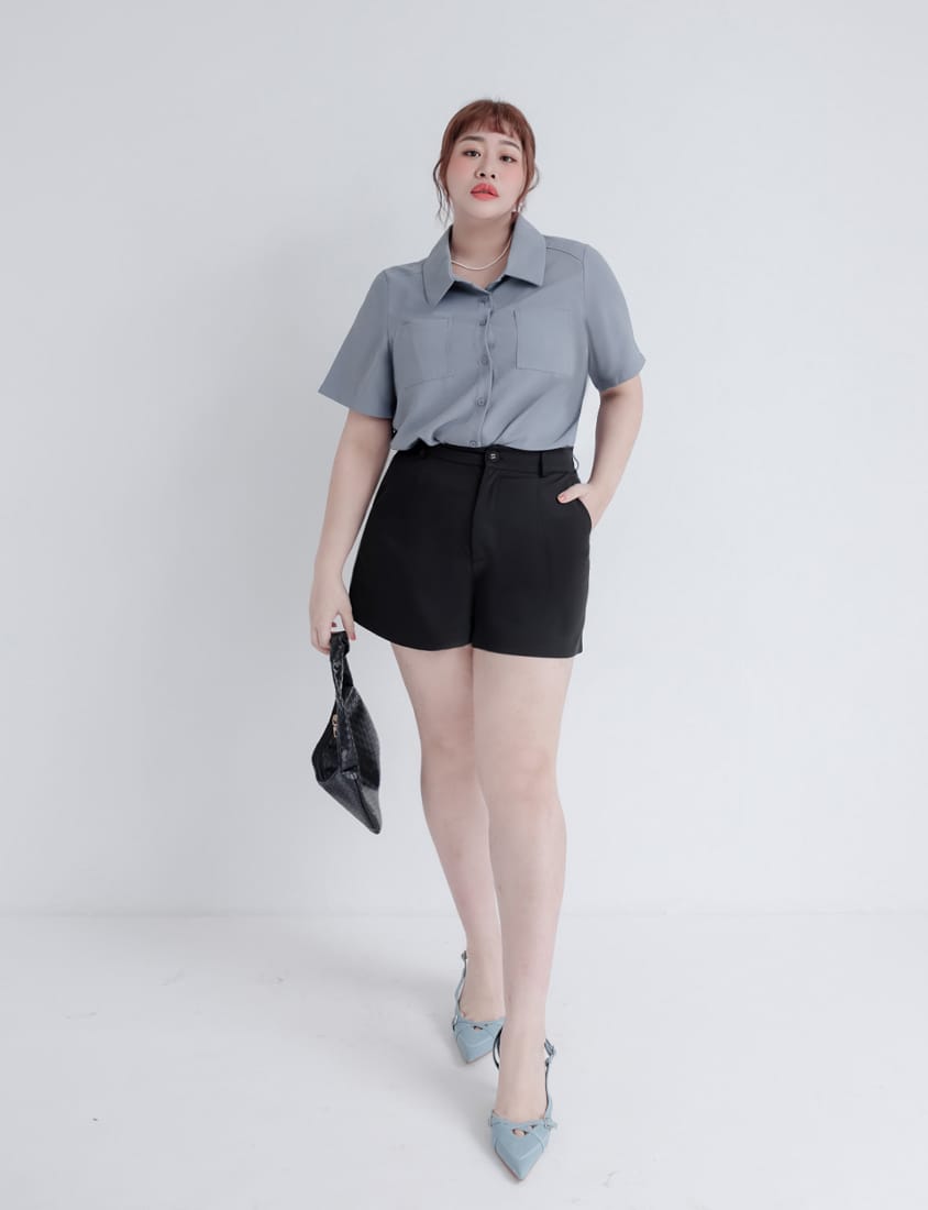 MISS. Drop Shoulder Stitching Double Pocket Plus Size Short Sleeve Shirt