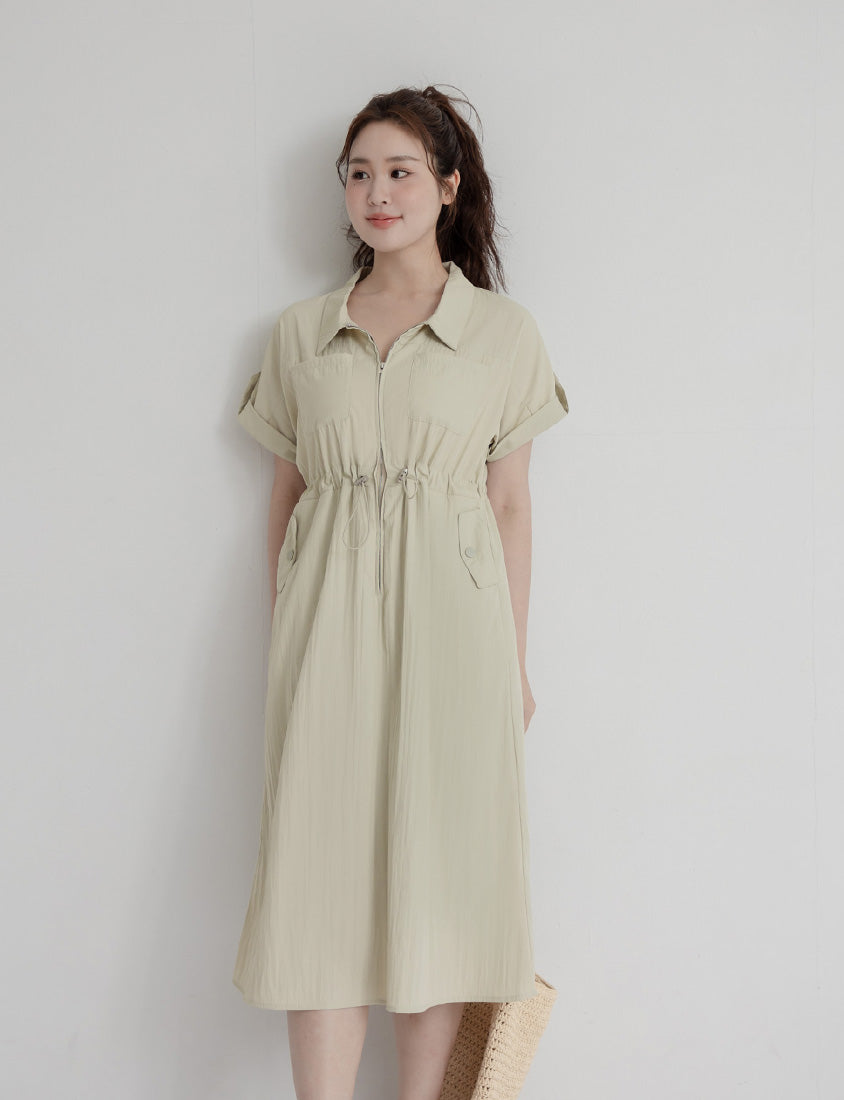 Utility Cargo Pocket Drawstring Cinched Waist Plus Size Maxi Dress