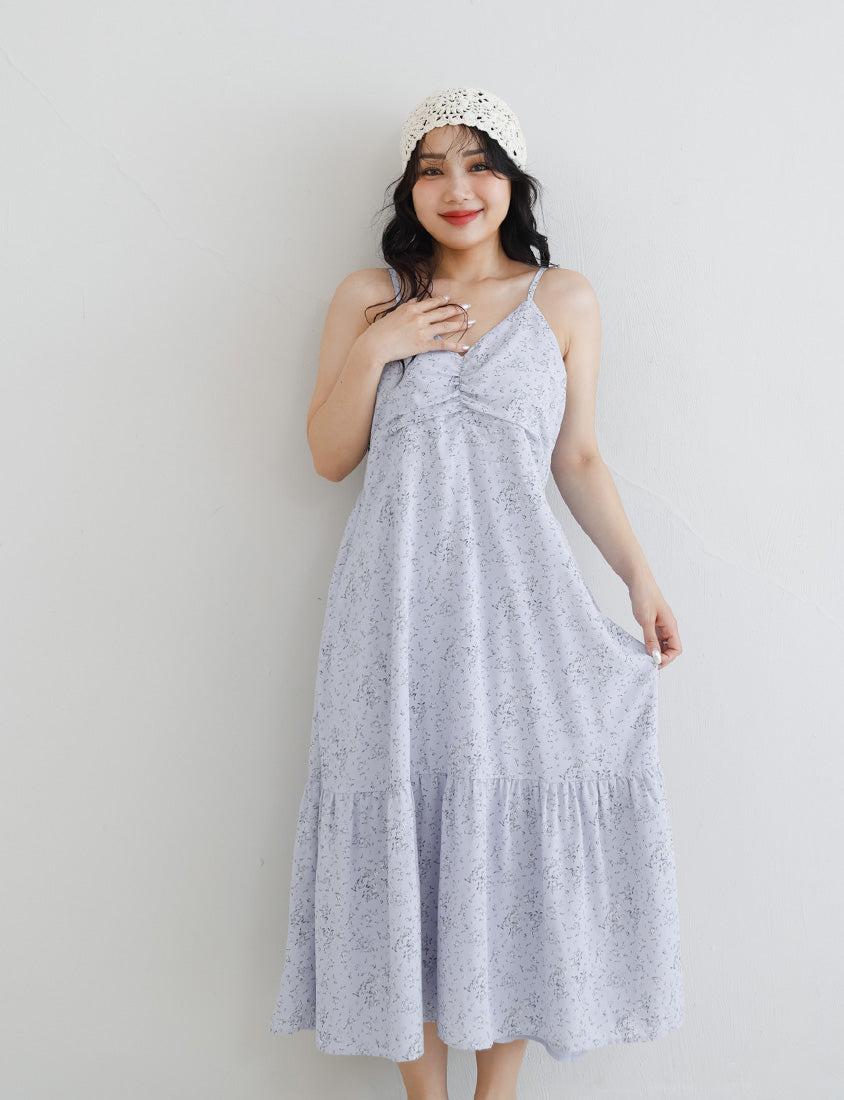 Ruched Floral Flared Hem Plus Size Cami Strap Dress