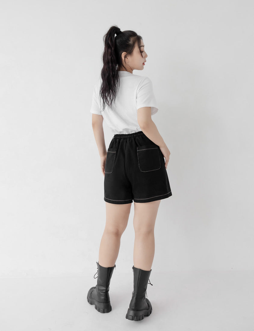 Twill Contrast Stitch High Waist Plus Size Shorts